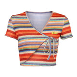 MQTIME  -  Bandage All-Match Irregular Criss Cross Fashion Casual Crop T-Shirts Summer Women Short Sleeve V-Neck Multicolor Stripe Top
