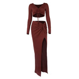 MQTIME  -  European and American Autumn 2024 New Women's V-neck Pleated Crop Top High Slit Long Skirt Two-piece Street Style Suit Women