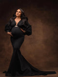 MQTIME  -  Black Mermaid Maternity Dress for Photoshoot V Neck Long Sleeves Pregnant Gowns  Gala Robes Dressing Wear Babyshower Customized