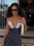 MQTIME  -  Sexy Lace Patchwork Polka Dot Dress Women Deep V-neck Sleeveless High Waist Slim Midi Sling Dresses Summer Lady Party Robes