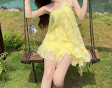 MQTIME  -  Yellow Irregular Neck Slanted Shoulder Dress Seaside Vacation Small Beach Puffy Skirt