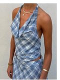 MQTIME  -  Fairy Coquette Cowl Neck Backless Crop Tops Y2k Streetwear Women Vintage Plaid Halter Tank Tops Summer Sleeveless Shirt Vest