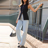 MQTIME  -  Summer Solid Color Sleeveless Vest Office Lady Single Breasted O Neck Open Front Short Tops Leisure Simple Women Pocket Tank Top
