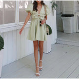 MQTIME  -  New European and American cross-border women's clothing wholesale women's bubble sleeve bow decoration elastic waist dress