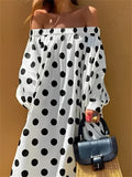 MQTIME  -  Female Stylish Polka Dot Off-the-shoulder Vacation Dresses 2024 New Spring Long Sleeve Loose Casual Korean Dress