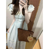 MQTIME  -  Summer Sweet Fly Sleeve Blue Bownot Fairy Dress Slim French Style Patchwork Lace Dress A-line Women Casual Dress