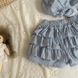 MQTIME  -  New Summer Toddlers Kids Plaid Sets Lace Puff Sleeve Tops Layered Shorts 2pcs Baby Girls Cute Outfits
