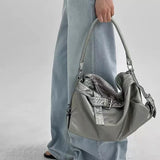 MQTIME  -  High-end Large Capacity Solid Color Washed Motorcycle Style Casual Handbag Shoulder Bag