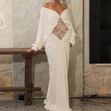 MQTIME  -  Sexy Lace Splice Formal Banquet Dress Elegant Solid Off Shoulder Long Sleeved Dress New French One Cut Collar Off Backless Dress