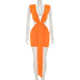  MQTIME  -  Orange Deep V Cutout Tie-front Mini Dress Sleek Tie-front Drape Side Cutouts Ruched Mini Skirt Robe Cocktail Party Chic Vestido