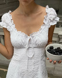 MQTIME  -  French Style White Lace Trim Short Sleeve Dress 2025 Summer A Line Bow Tie Casual Mini Dress