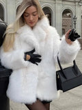 Mqtime Female Cropped White Faux Fur Jacket Winter Fluffy Long Sleeve Lapel Collar Loose Warm Overcoats Lady Elegant High Street Coat