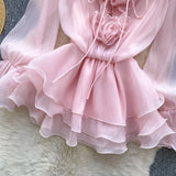 MQTIME  -  Summer New 3D Floral Beach Short Dress Female Long Sleeves Lace Up Ruffle Chiffon Cake Sundress Sheer Sexy Bohemian Vestidos