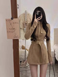 MQTIME  -  Suede Suit, Women's Autumn and Winter Waist Slim Fit, Hot Girl High-end Stand-up Collar Jacket, Thin Shorts Two-piece Set