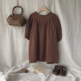  MQTIME  -  Autumn Retro Brown Girls Dress New 100% Cotton Gauze Casual Loose Children's Pleated Dresses Kids Clothes