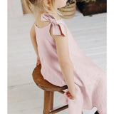 MQTIME  -  Girls Linen Adjustable Ribbon Dress Summer New Children's Casual Loose Cotton And Linen Lovely Pink Dresses With Pockets TZ273