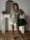MQTIME  -  Green Round Neck Short Sleeve Two-piece Set Summer Women's Suit Plaid Tweed Peplum Blazer And Skirt lady Daily Street Wear