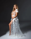 MQTIME  -  White Prom Dresses Women Tulle Maternity Photoshoot Dress with Floral Appliques Party Robes Baby Shower Gowns