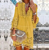 MQTIME  -  Beach Boho White Lace Fashion Eu Mini Dress Women Autumn Pop Tassel Loose V Neck Dresses Lady Female Clothing