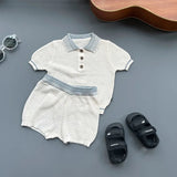 MQTIME  -  Boys Suit Spring and Summer New Children's Wear Korean Style Boys and Girls Temperament Lapel Knit T-shirt Shorts Two Sets