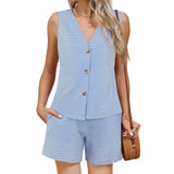 MQTIME  -  Stylish Women s 2-Piece Set with Plaid Print V-Neck Tank Top and Elastic Shorts Perfect for Club and Streetwear Fashion