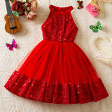 MQTIME  -  Girl's New Elegant Evening Dress Sequined Mesh Princess Birthday Party Dress Summer Children's Gauze Sleeveless For Girl Clothes