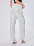  MQTIME  -  Women Sequin Wide Leg Pants Stretchy High Waist Loose Straight Trousers Club Party Elegant Long Pants Streetwear