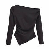 MQTIME  -  Asymmetric Long Sleeve Top Women 2025 New Spring Casual Slim Shirts Blouse Female Off Shoulder Burgundy Shirts & Blouses Tops