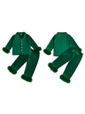 MQTIME  -  Children s Satin Pajama Set with Plush Trim Long Sleeve Button-up Shirt Elastic Waist Pants - 2 Piece Sleepwear Ensemble