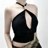MQTIME  -  Woman Sexy Metal Buckle Detail Hollow Backless Halter Top Black Tanks & Camis Sexy Summer Deep V Neck Crop Tops