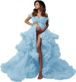 MQTIME  -   Sexy Maternity Gowns Photoshoot V Neck Ruffles A Line Sweep Train Tulle Pregnant Women Maternity Dresses for Photo Shoot