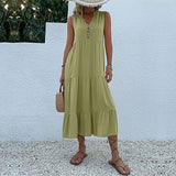 MQTIME  -  Solid Color Straight Tank Dress Sleeveless Holiday Viscose Maxi Dress Button Up V Neck Boho Dress Vacation Robes