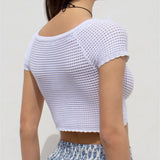 Mqtime -  Knit Hollow Out Sexy V Neck White Crop Tops For Women‘ t Shirt Short Sleeve T-shirts Club Party Summer Clothes