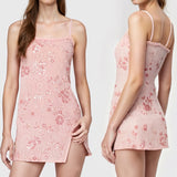 MQTIME  -  Women Summer Flower Sequins Embroidery Ruffles Square Neck Sleeveless Bodycon High Split Short Cami Dress with Scarf