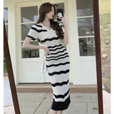 MQTIME  -  2024 summer new retro niche striped knitted dress with V-neck and short sleeves slim fit and slim fit, paired with Hepburn style