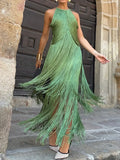 MQTIME  -  Elegant Tassel Splicing Solid Gowns Dress Women Fashion Hight Wasit Sleeveless Long Dress 2025 Sexy Backless Slim Evening Dress