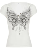  MQTIME  -  Streetwear Casual Butterfly Print V Neck Short Sleeve Slim Knitted All Match T-shirts