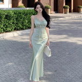 MQTIME  -  Woman Dress Sleeveless Satin V Neck Lace Patchwork Bandage Sexy Elegant Backless Mermaid Dresses Party Female Fashion