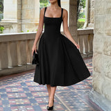 MQTIME  -  Summer New French Square Neck Women Elegant Strap Dress Simple Solid Color Female Banquet Grand Display Long Dresses