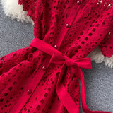 MQTIME  -  Summer New Mid Length Dress Women Dresses A Line Vestidos Hollow Out Round Neck Short Sleeve Single Breasted Elegant High Waist