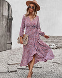 MQTIME  -  Printing Maxi Dress V Neck Bandage Boho Holiday Dress Long-sleeved Belt Lace-up Vestidos Ruffled Beach Dresses