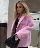 Mqtime Pink Lambwool Lapel Women Elegant Soft Coat Full Sleeve Single Button Oversize Loose Overcoat Autumn Winter Chic Streetwear