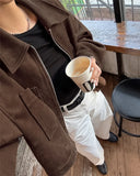 MQTIME  -  Retro Lapel Collar For Women Brown Suede Full Sleeve Big Pocket Zip Short Coat 2025 New Lady Autumn Chic High Street Jackets