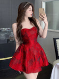 MQTIME  -  Chinese New Year Red Print Design Sensual Puffy Dr Sexy mid Waist ort Skirt without Sve One oulder A-Line Dr