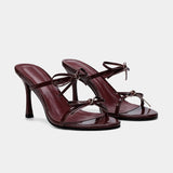  MQTIME  -  Luxury Burgundy Heeled Sandals Women Double Bow Decoration Backless High Heels Ladies Elegant Party Designer Stiletto Slippers