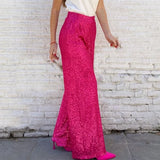  MQTIME  -  Women Sequin Wide Leg Pants Stretchy High Waist Loose Straight Trousers Club Party Elegant Long Pants Streetwear
