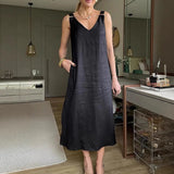 MQTIME  -  Retro Solid Color Lady V Neck Loose Suspenders Dress Sexy Hollow Out Sleeveless Summer Dress Casual Street Pocket Pullover Dress