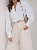 MQTIME  -  Spring Summer Women V-Neck Loose Blouses, Elegant Solid Patchwork Long Sleeve Tops, Simple Fashion Chic Ladies Shirts Streetwear