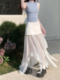  MQTIME  -  New Summer Style, Korean Design Sense, Niche and Irregular Fake Two-piece Mesh Patchwork Bodycon Skirt.