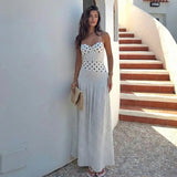 MQTIME  -  Summer Polka Dots Print A-line Maxi Dress Women Sexy Strapless Lace Up Halter Backless Vacation Beach Long Robe Streetwear